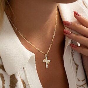 Neiman Marcus 14K Pearl Gold Plated Crown Cross Pendant Necklace